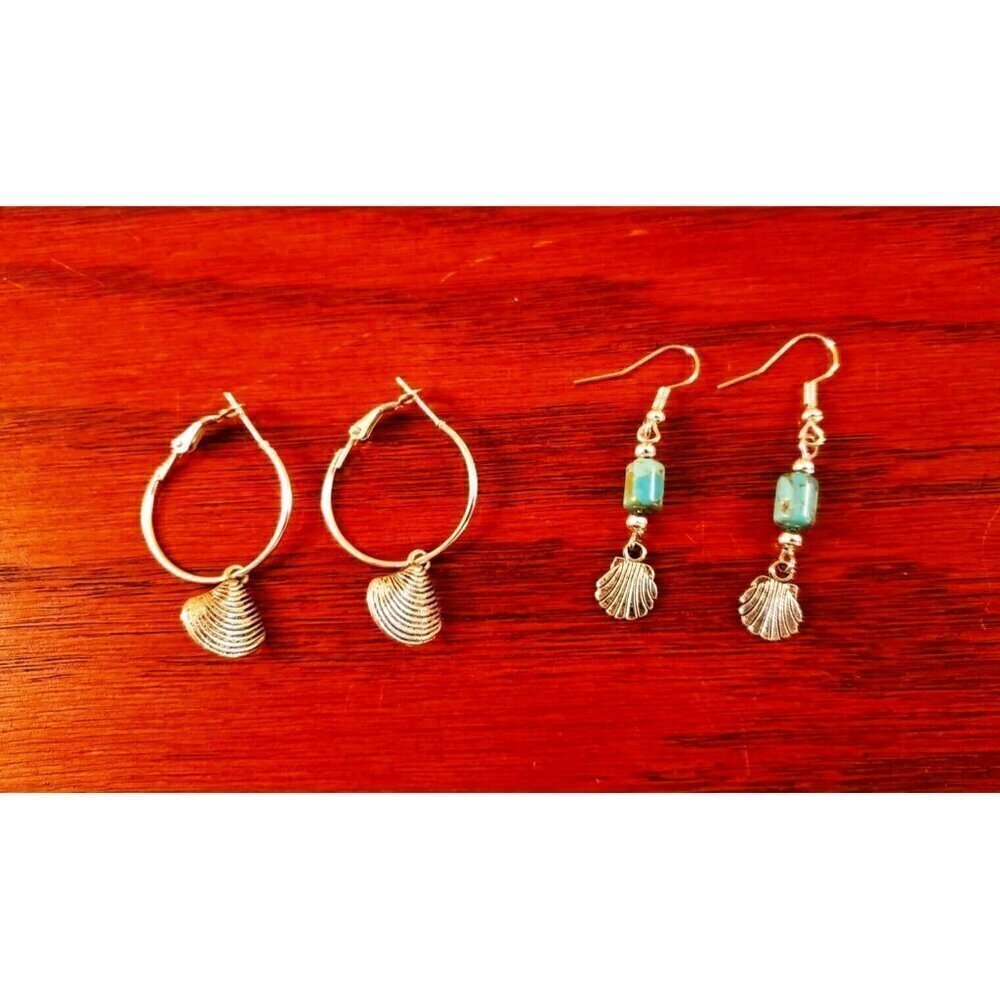 Natural Turquoise Earrings Etched Sea Shell Beach Hoop Dangle Drop 2 Pair Set